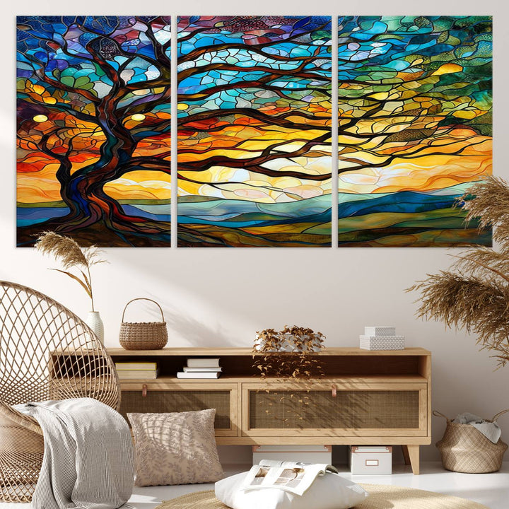 Mosaic Tree Wall Art | Ready to Hang Stained Glass Style Canvas Print | Farmhouse Wall Decor, Cabin Wall Art, and Unique Nature Home Decor