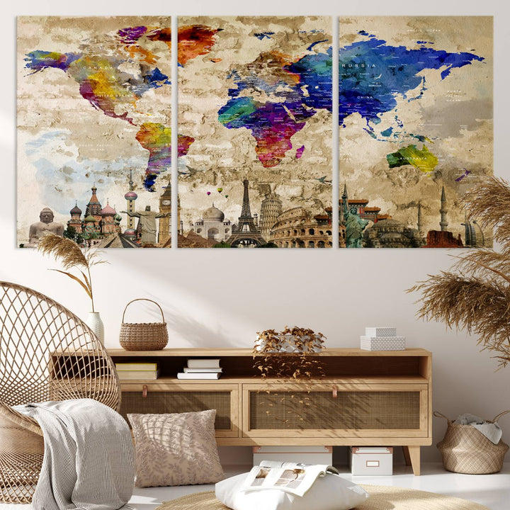 Artistic world map featuring landmarks like the Eiffel Tower, printed on premium wall art for office or living space.