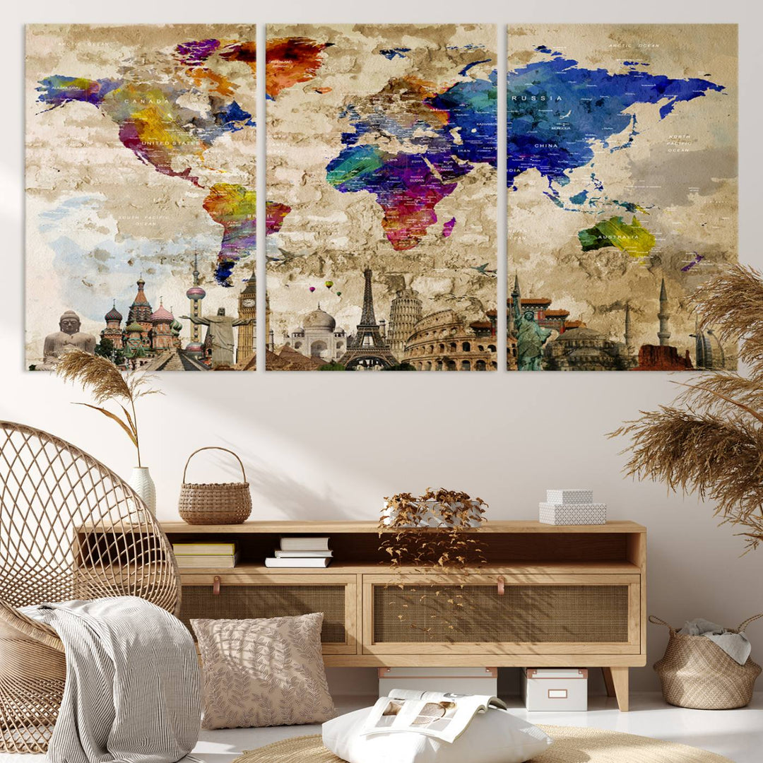 A vivid World Map Canvas Print - Premium Framed Travel Wall Art is displayed. Made with fade-resistant inks, it ensures enduring beauty and style.