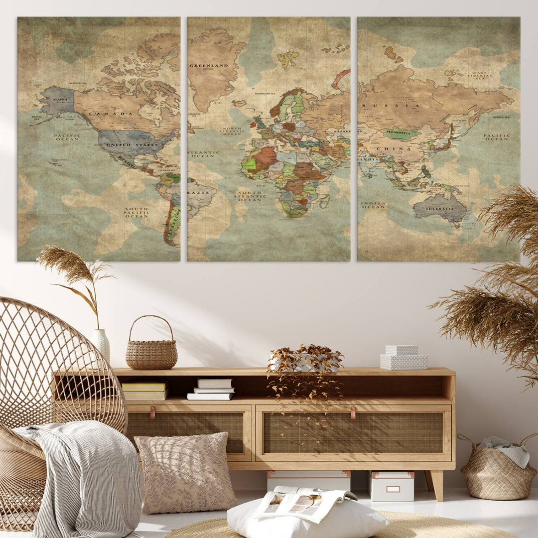 Vintage World Map Canvas Wall Art – Antique Triptych Map Print – Rustic Global Decor for Living Room or Office – Ready to Hang