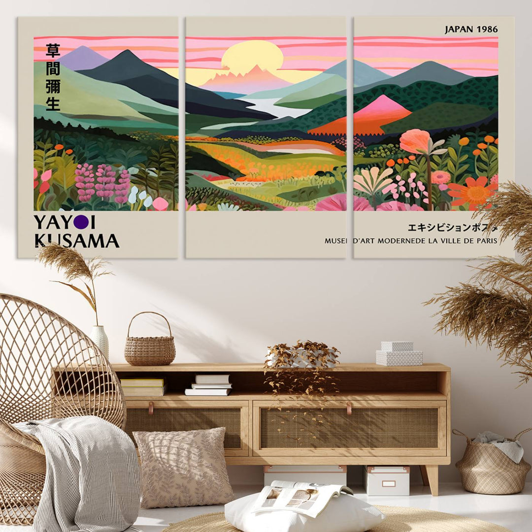 Vibrant abstract landscape canvas with mountains and fields, titled Yayoi Kusama 1986 Wall Art Print.