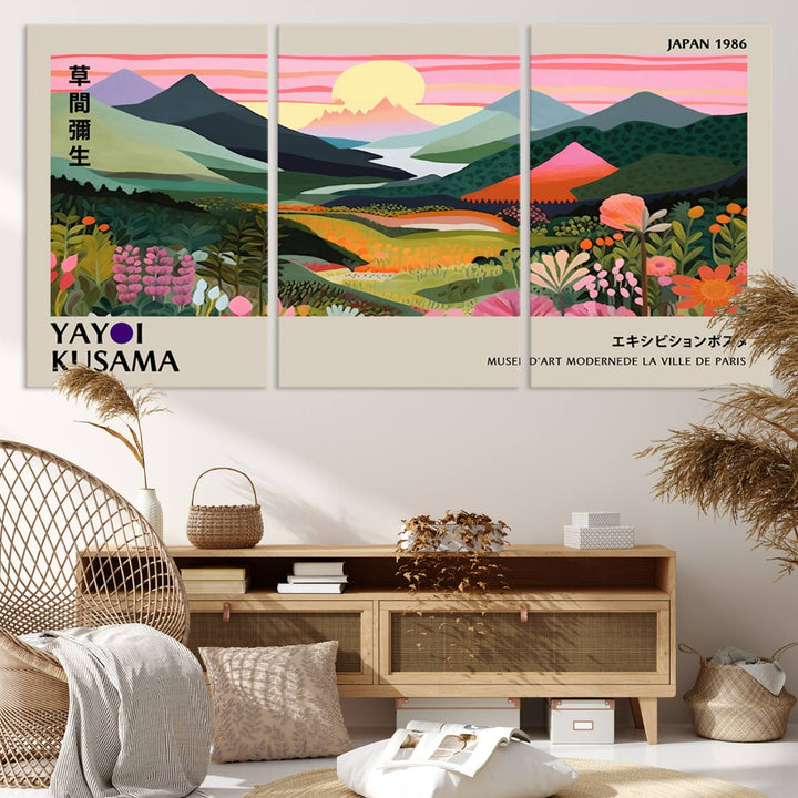 Vibrant abstract landscape canvas with mountains and fields, titled Yayoi Kusama 1986 Wall Art Print.