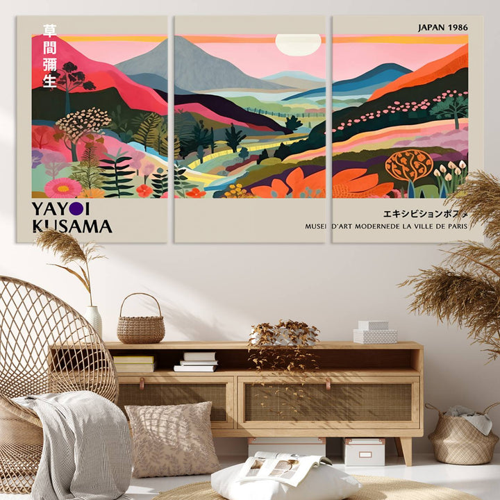 Vibrant abstract landscape canvas inspired by Yayoi Kusama, featuring mountains, trees, and flowers in a triptych style.