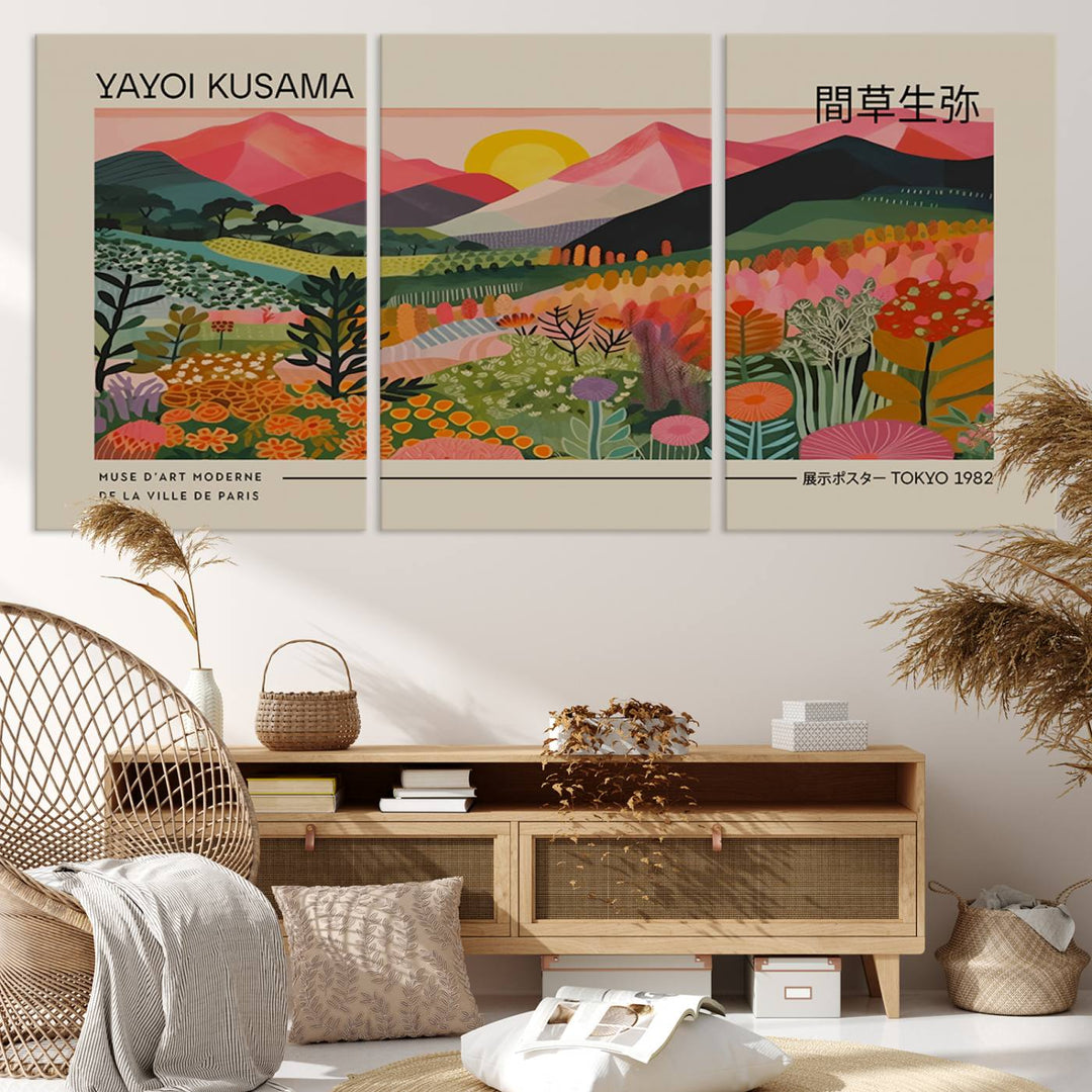 A vibrant abstract triptych features mountains, a sun, and plants in Yayoi Kusamas style with Japanese and French text included.