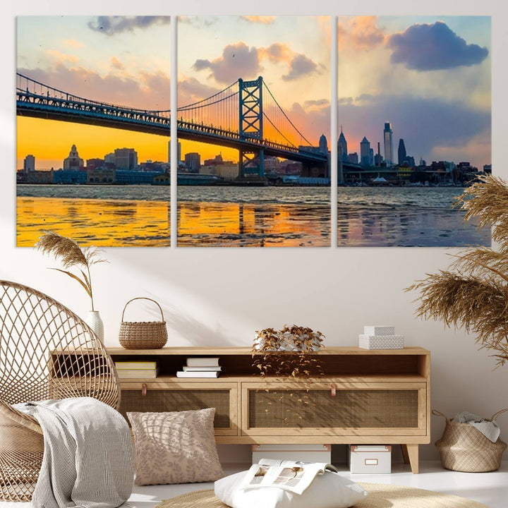 Ben Franklin Bridge Wall Art Print – Philadelphia Skyline Sunset Canvas Wall Art Canvas Print – Giclee City for Dining Room, Office or Living Room