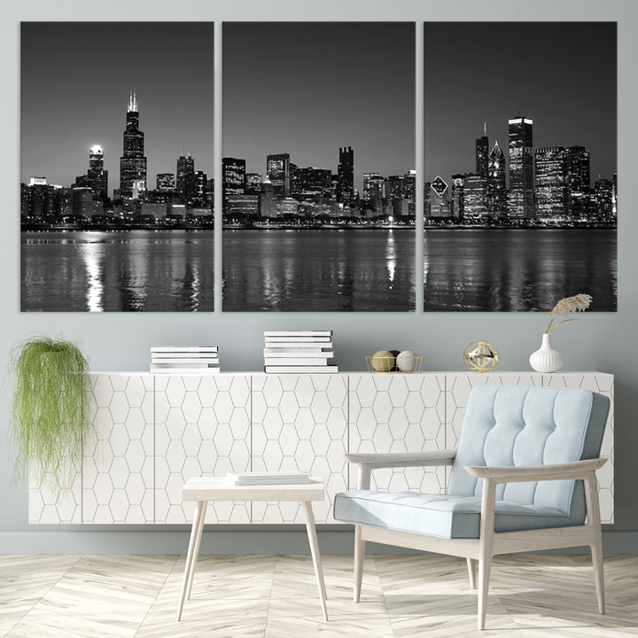 The Chicago Wall Art Canvas Print, a black and white triptych of a city skyline, adorns the space. This museum-quality canvas art arrives ready to hang, effortlessly merging sophistication with contemporary design.