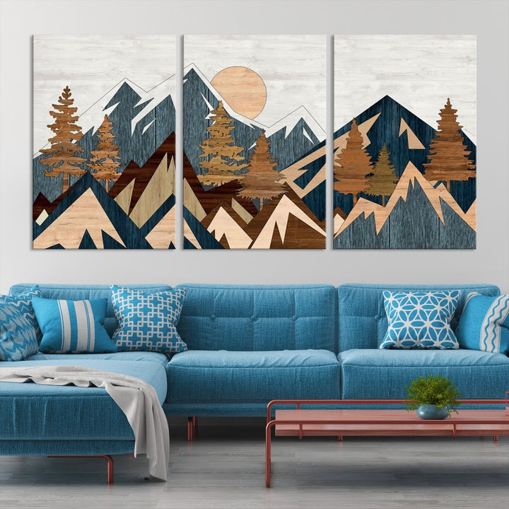 The Abstract Wood Panel Effect Mountain Range Top Wall Art Canvas Print is a striking three-panel art piece featuring mountains, trees, and the sun. Each canvas is gallery wrapped on museum-quality materials and comes with UV protection to ensure durability and preservation.