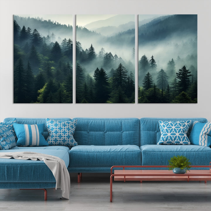 The Captivating Misty Forest Wall Art Premium Canvas Print offers a foggy and serene ambiance, enhancing the modern living room's atmosphere.