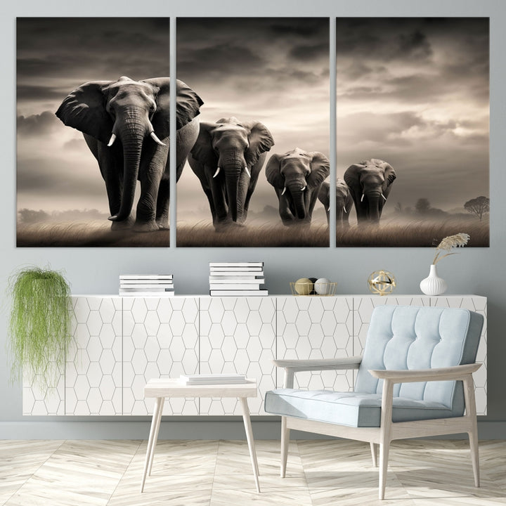 A modern living room features the "Elephants Wall Art Canvas Print," a triptych on museum-quality canvases with a UV-protective coating.