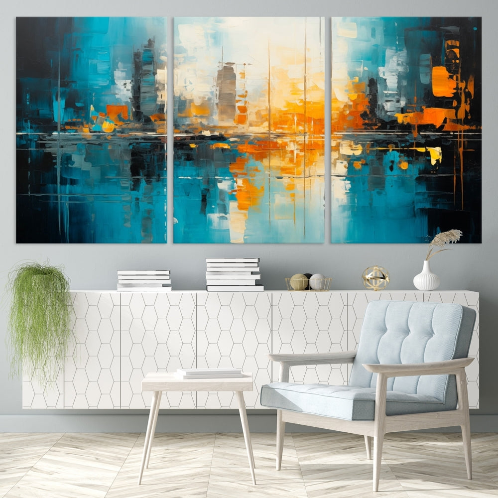 The Large Modern Abstract Wall Art Canvas Print, gallery wrapped on museum-quality canvas, enhances the modern living room setting.