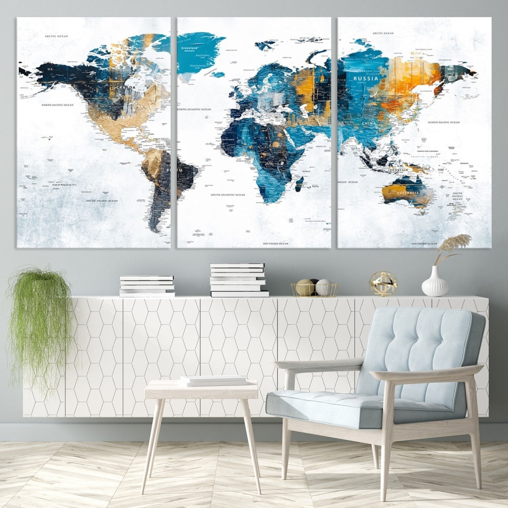 The World Map Turquoise Orange Wall Art Canvas Print, a triptych crafted on museum-quality canvases, adds aesthetic appeal and durability to the space.