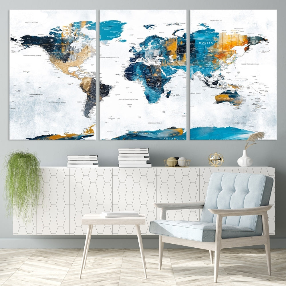 The "Turquoise Orange World Map Canvas Wall Art" showcases striking blue and orange tones. This museum-quality canvas features a UV-protective coating for enhanced durability and vibrant color retention.