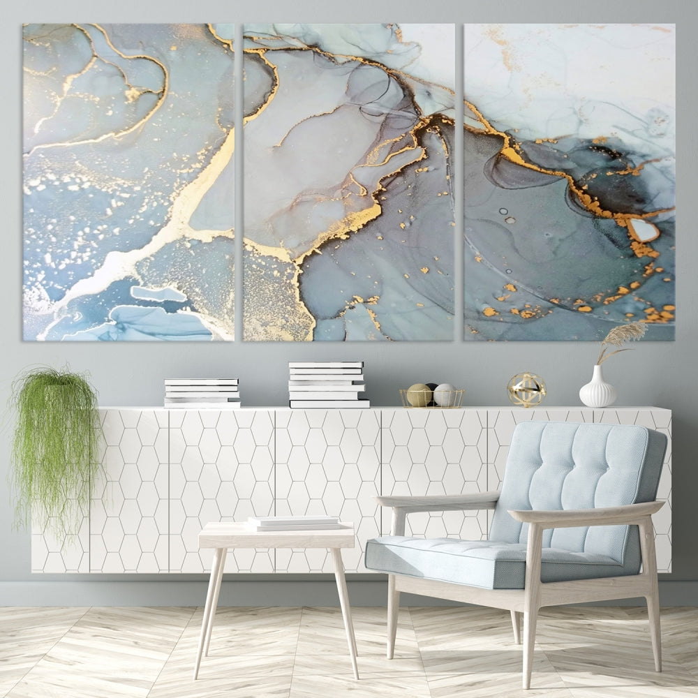 The Marble Texture Canvas Wall Art – Abstract Modern Design with Gold Accents is a perfect choice to enhance your modern space, featuring a triptych design on dark texture.