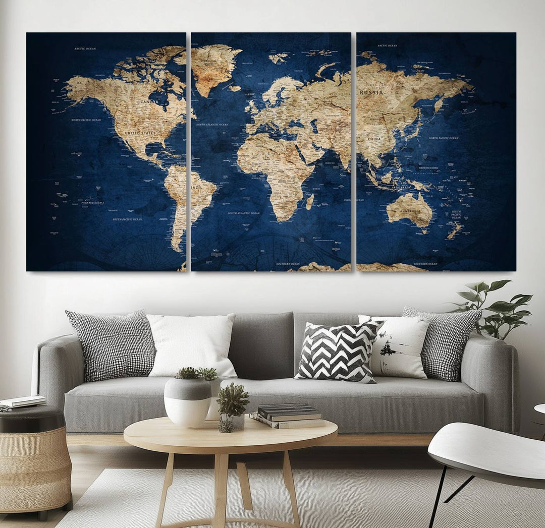 Classic Vintage Blue World Map Canvas Print featuring beige continents against a deep blue background.