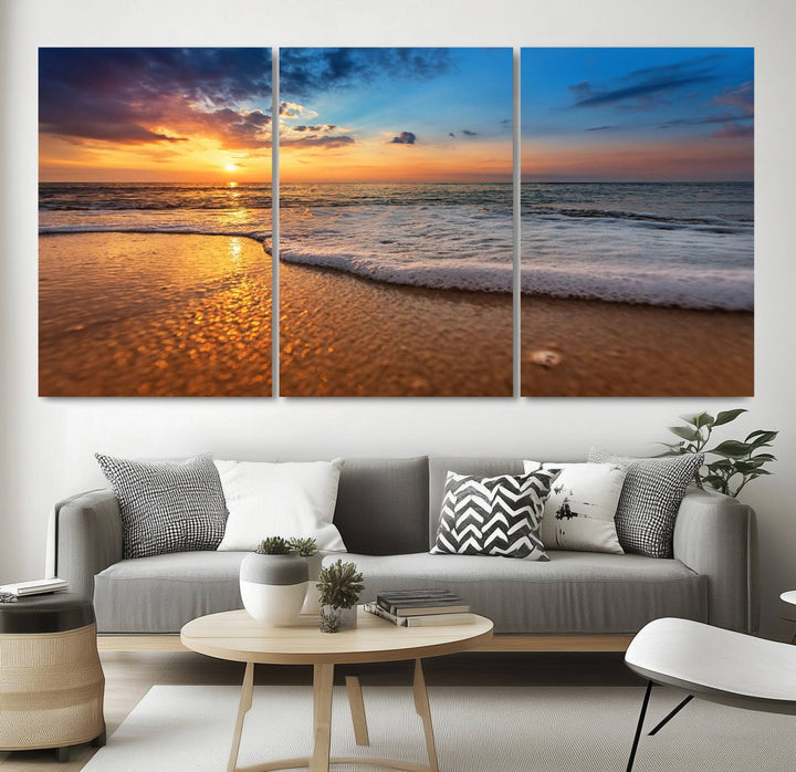 The Golden Sunset Beach Waves Triptych adds a modern coastal touch with its stunning seascape.