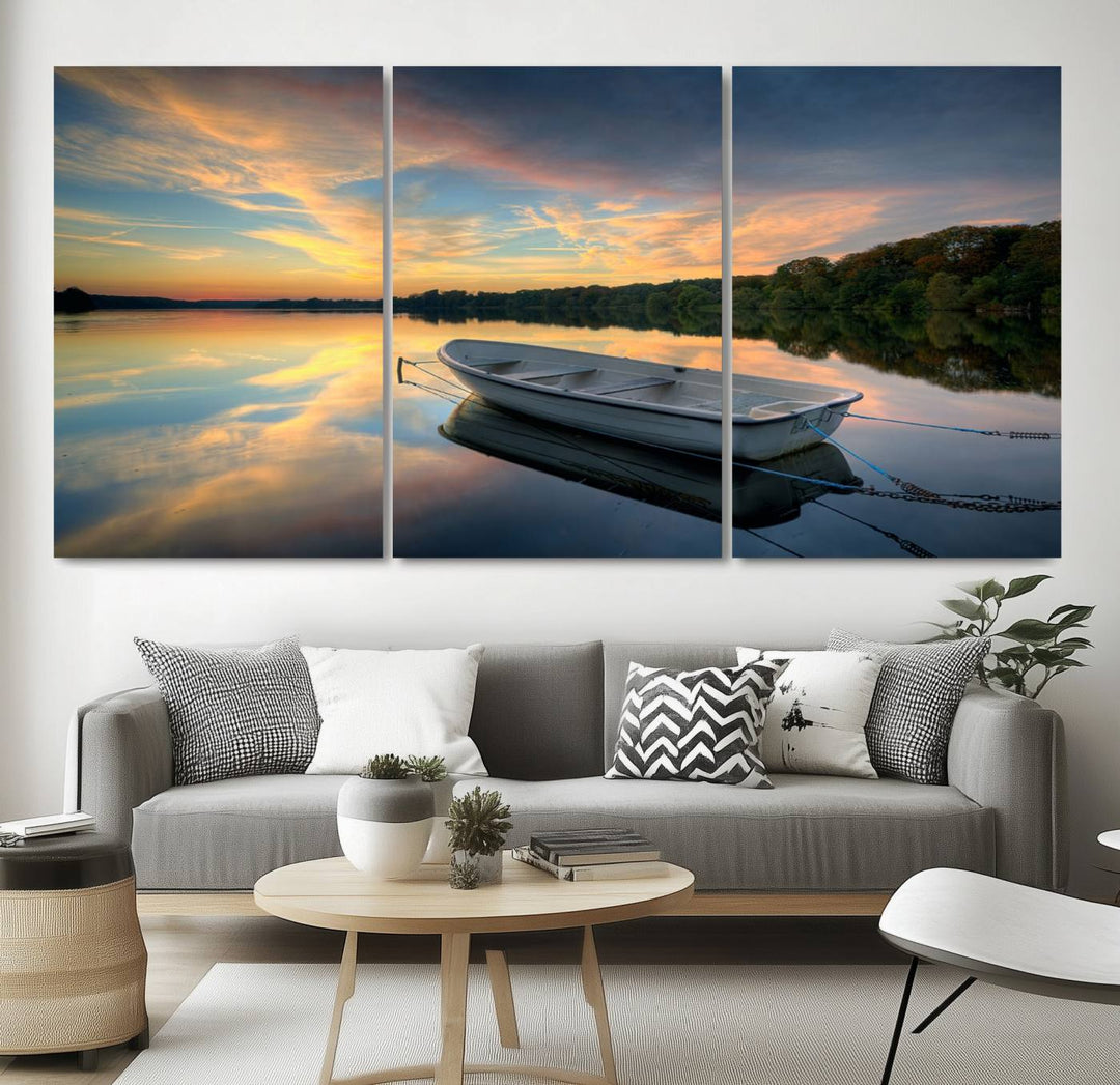 Serene Rowboat on Calm Lake Triptych Canvas Art, Giclee Wall Art of Peaceful Sunset Reflections, Tranquil Landscape Wall Art for Home or Office