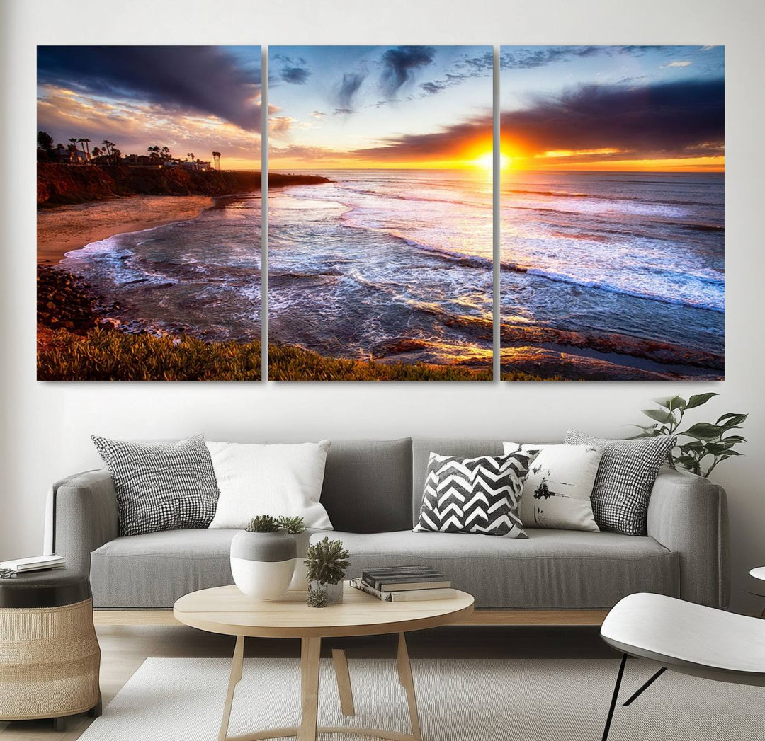 California Coastline Sunset Canvas Art, Ocean Waves Crashing on Cliffs, Giclee Canvas Print for Beach House Decor