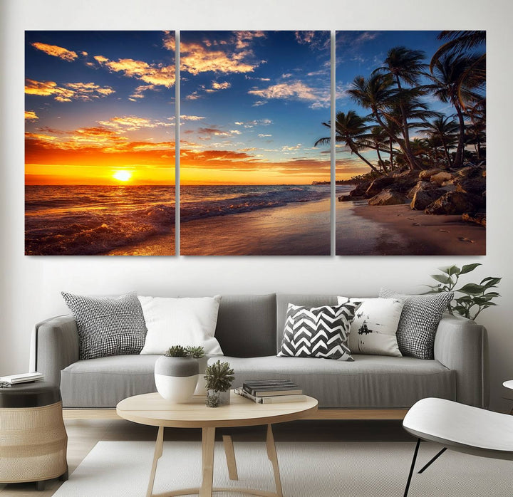 Tropical Beach Sunset Canvas Art, Palm Trees and Ocean Waves Wall Art, Giclee Print for Coastal Home Decor