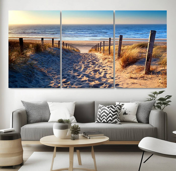 Tropical Beach Sunset Canvas Art, Ocean Waves and Sandy Shoreline Wall Art, Large Beach Decor for Coastal Homes