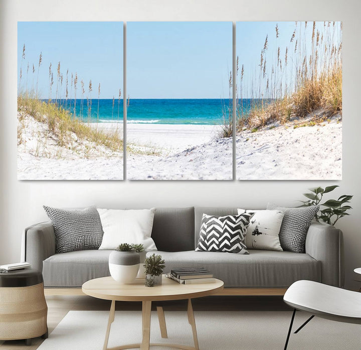 Serene Coastal Dune Path with Ocean View, 3-Panel Beach Canvas Art; tranquil seascape for coastal decor.