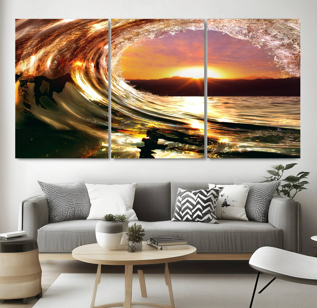 The Golden Wave Sunset Triptych Canvas Art showcases an ocean wave at sunset, casting warm light.