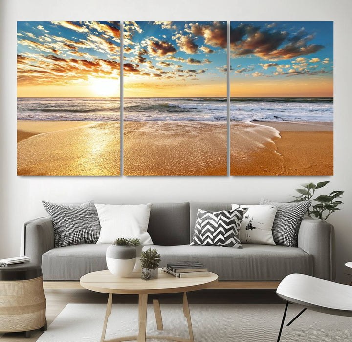 A Golden Sunset Beach giclee triptych canvas hangs prominently.