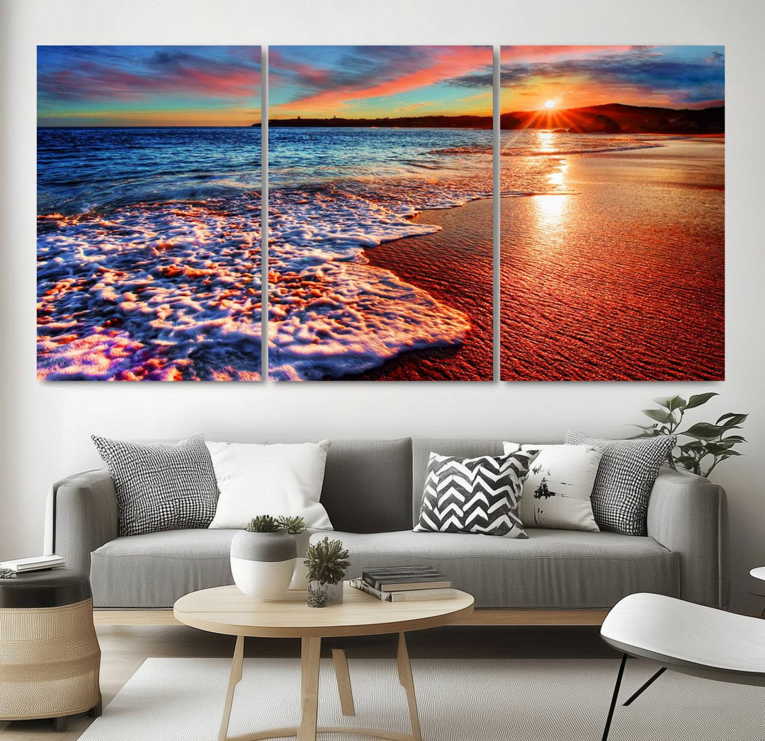 The Colorful Coastal Sunset on the Beach canvas print portrays ocean waves at dusk.