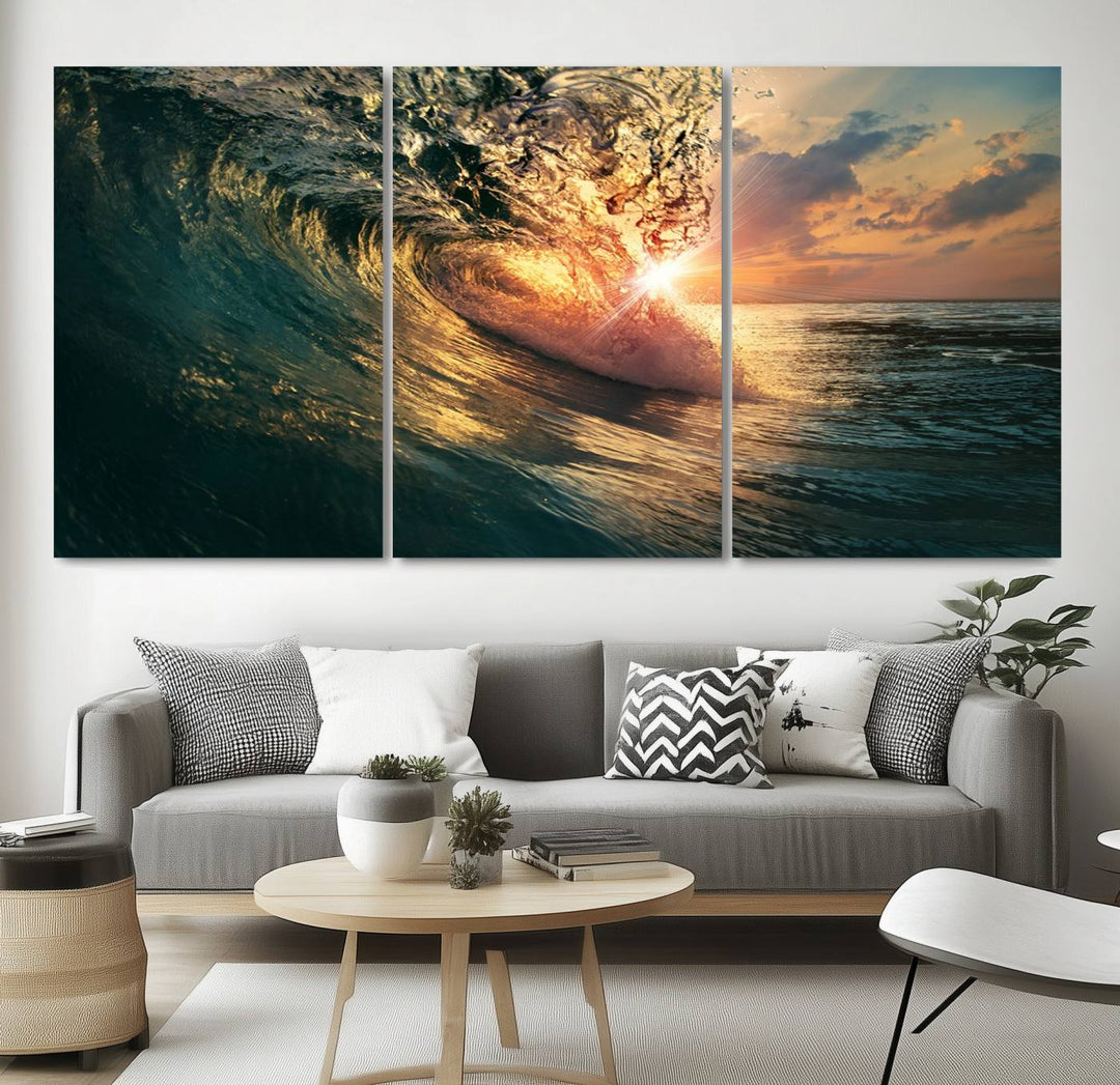 A triptych seascape titled Ocean Wave Sunset Canvas, featuring a stunning ocean view at sunset, is beautifully framed and ready to hang.