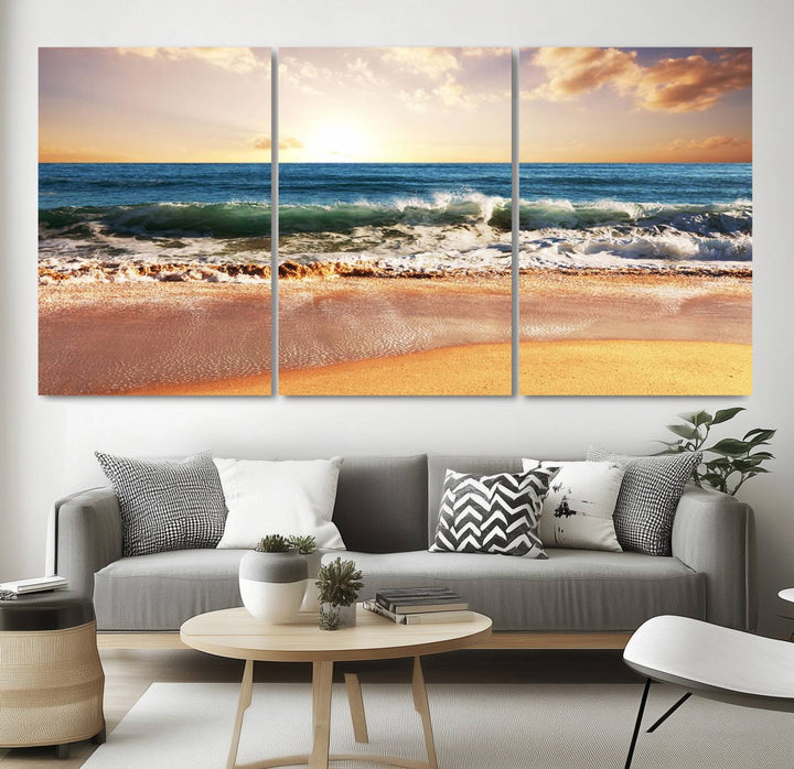 The wall features a Canon-quality Serene Beach Path canvas giclee print, depicting coastal dunes.