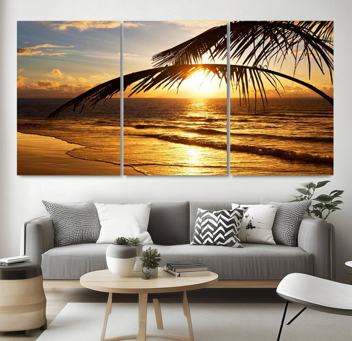 Golden Tropical Beach Sunset Canvas Triptych: Coastal Palm Art & Giclee Print with Gallery Wrap, capturing golden waves.