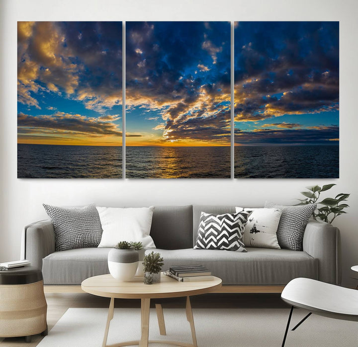 Dramatic Ocean Sunset Canvas Art, Panoramic Seascape Wall Art, Giclee Canvas Print with Canon Quality for Coastal Decor