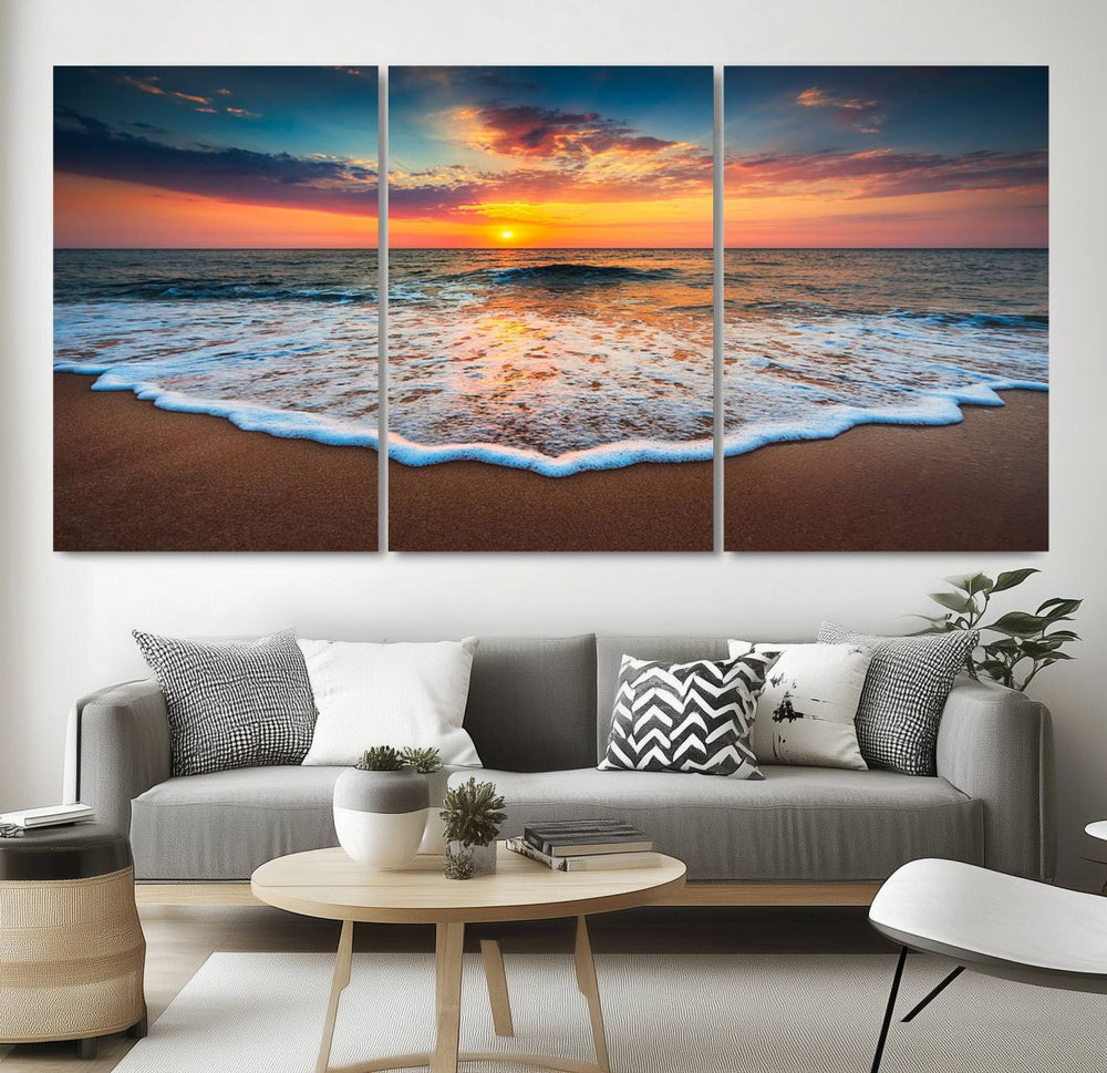 Sunset Beach Canvas: A colorful ocean wave triptych, framed and ready to hang.