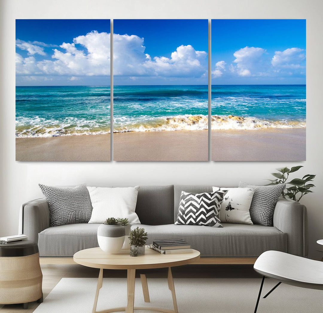 Tropical Beach 3-Panel Canvas Wall Art – Serene Ocean Waves and Blue Sky – Giclée Print for Living Room, Office, or Bedroom Coastal Decor