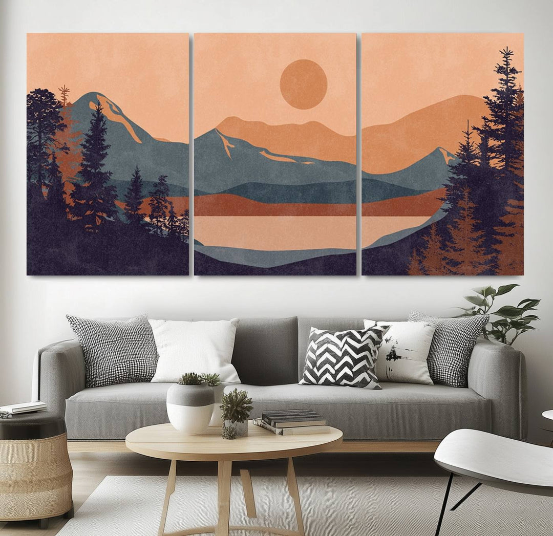 Modern Boho Sunset Mountain Landscape Triptych – Giclée Canvas Art Print for Living Room, Bohemian Decor, Ready to Hang