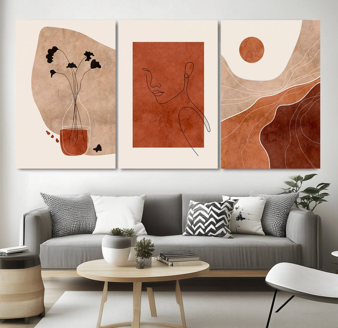 Conjunto de impresión de lienzo enmarcado de arte de pared boho - Impresiones modernas de mediados de siglo - Impresiones de obras de arte de pared de decoración boho - Decoración del hogar neutral boho