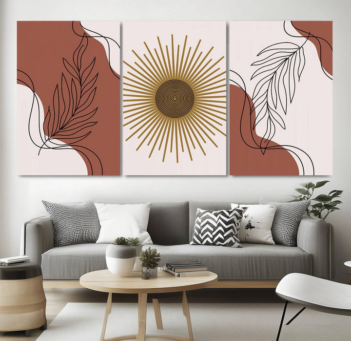 A contemporary living room showcases a Boho Wall Art Canvas Print Set featuring mid-century prints on museum-quality canvas.