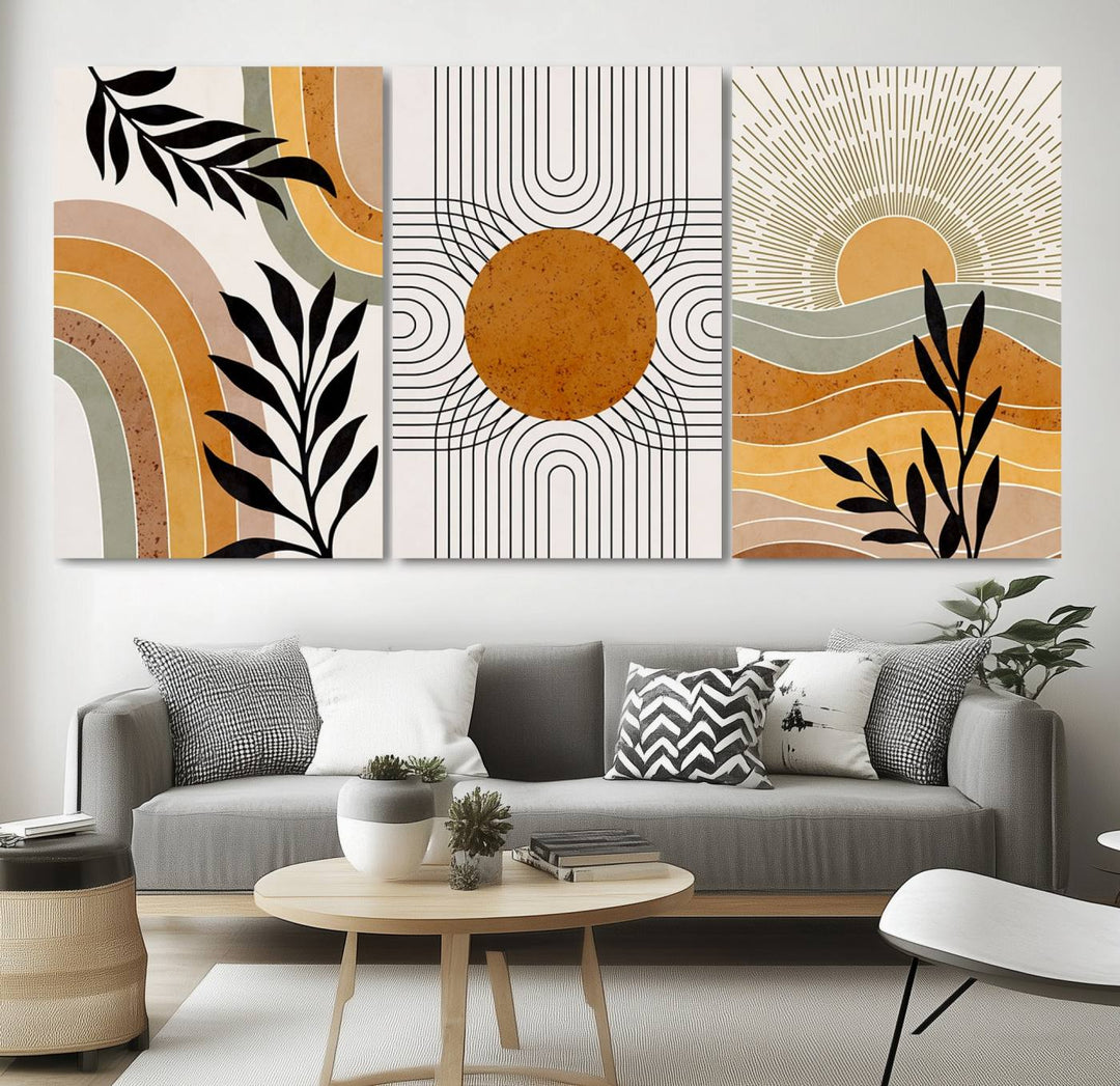 Modern Boho Sun and Leaf Abstract Art – 3-Panel Giclée Canvas for Mid-Century Modern or Bohemian Wall Decor