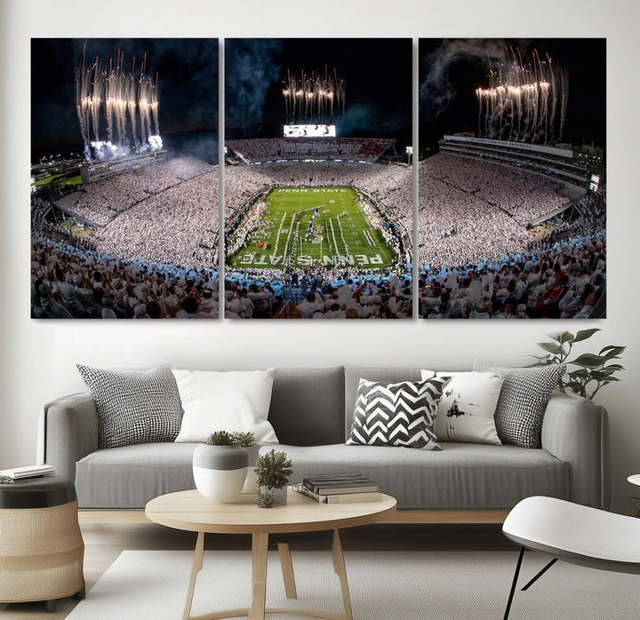 The perfect Penn State Football canvas wall art features a depiction of Beaver Stadium filled with fans in white, with fireworks exploding above.