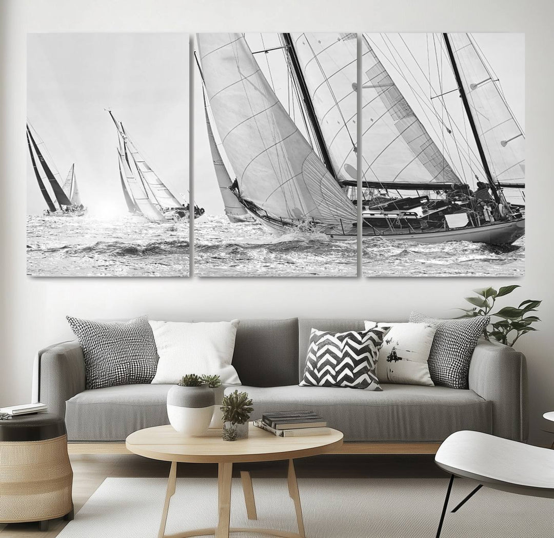 Yacht Sailboat Regatta canvas print on a textured wooden wall.