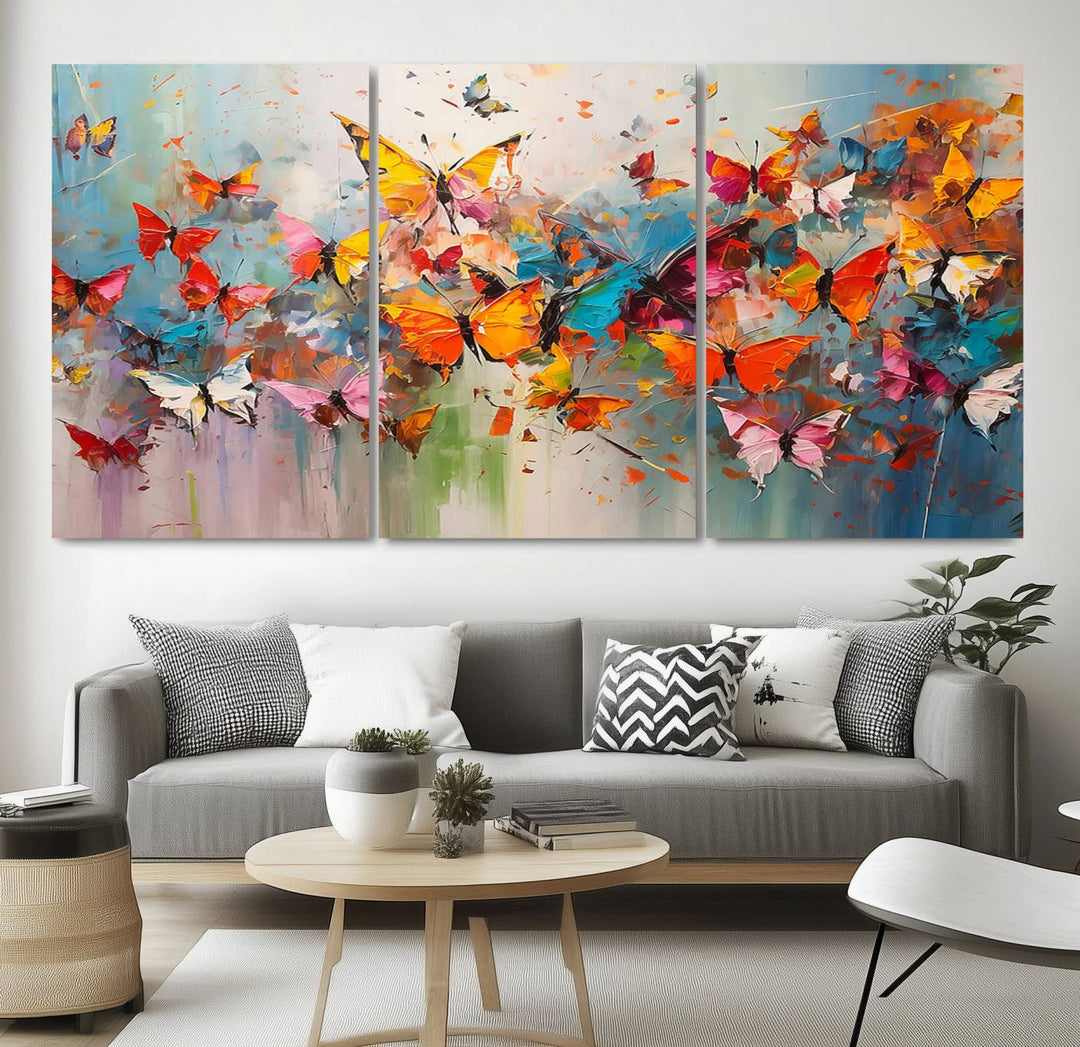 The Abstract Butterfly Wall Art Canvas Print hangs prominently, adding a touch of elegance and creativity to the room.