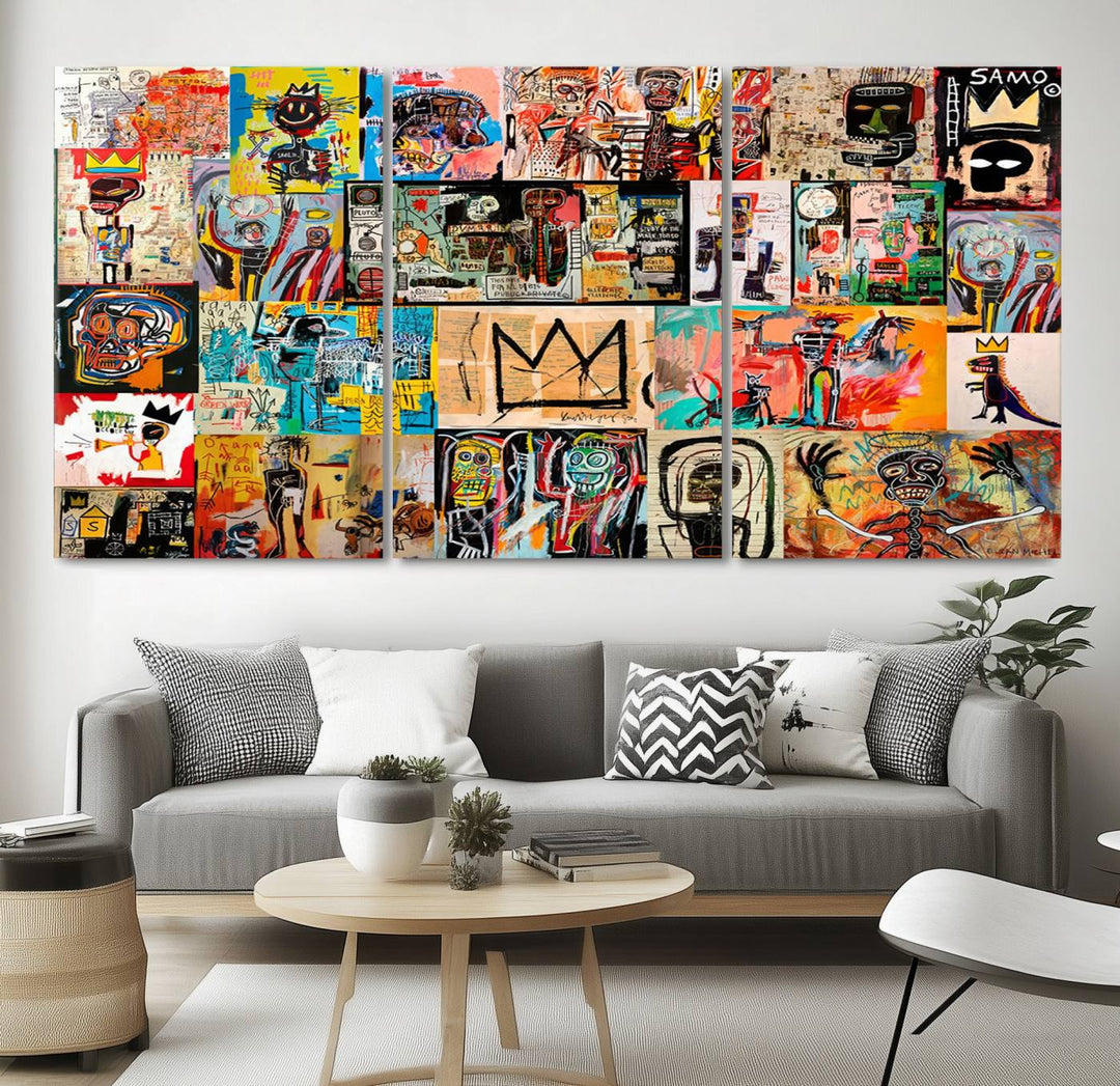 A Basquiat graffiti-style collage adorns the wall.