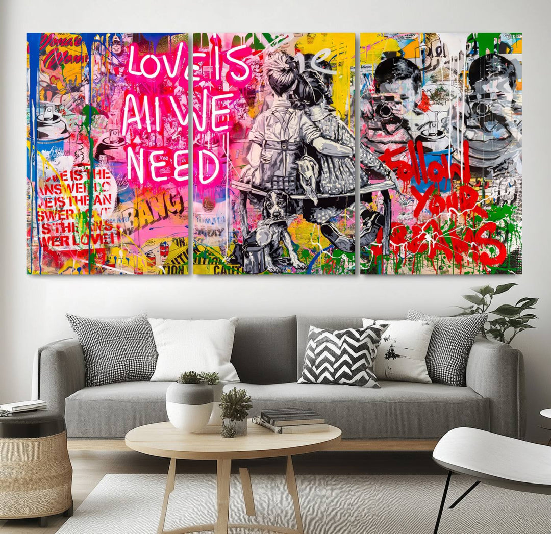 A vibrant and dynamic triptych features distorted horizontal lines, resembling graffiti street art. This artwork conveys the themes of "Follow Your Dreams" and "Love is All We Need" across three colorful panels.