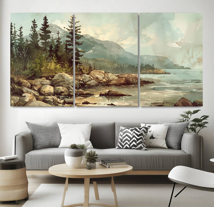 Framed Abstract Acadia National Park wall art, depicting a rocky coastline with trees and mountains, ready to hang.