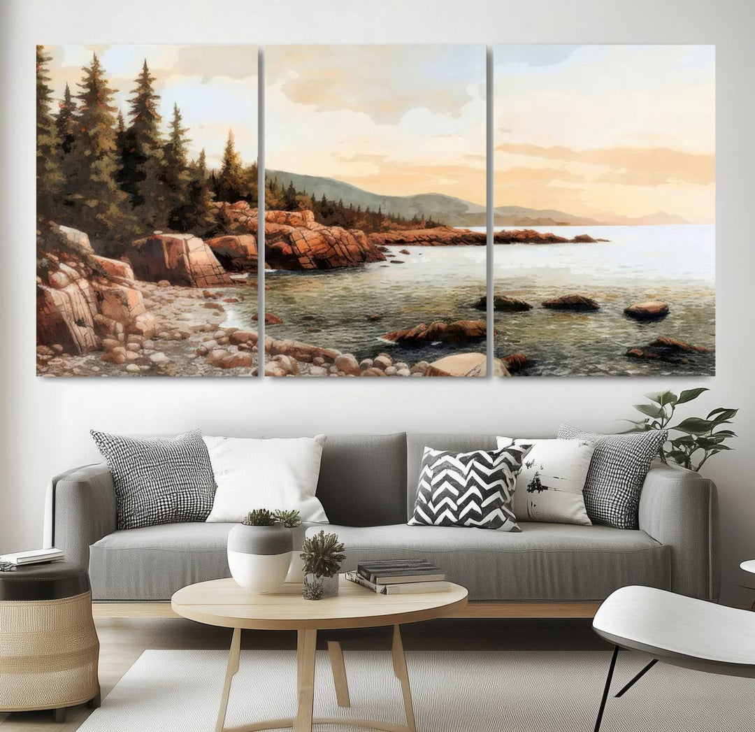 The Serene Coastal View of Acadia National Park 3-panel canvas, framed and ready to hang, adorns the wall.