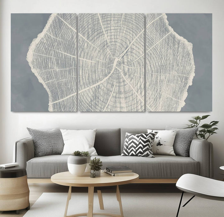 A gray wall displays the Abstract Tree Ring Wall Art print.