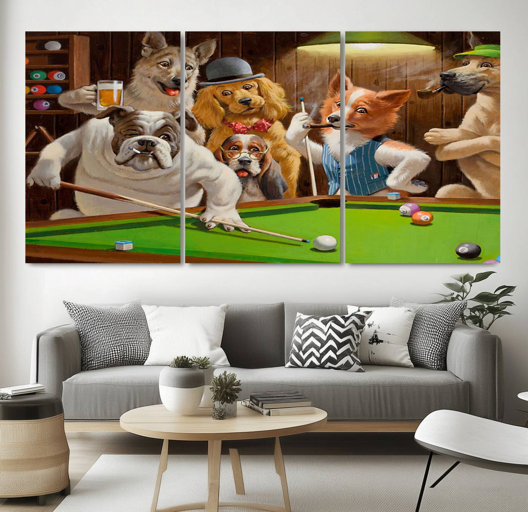 Dogs Playing Pool Canvas Wall Art: This artwork depicts a room where dogs are engaged in a game of pool. One dog is poised to cue while others observe the scene.