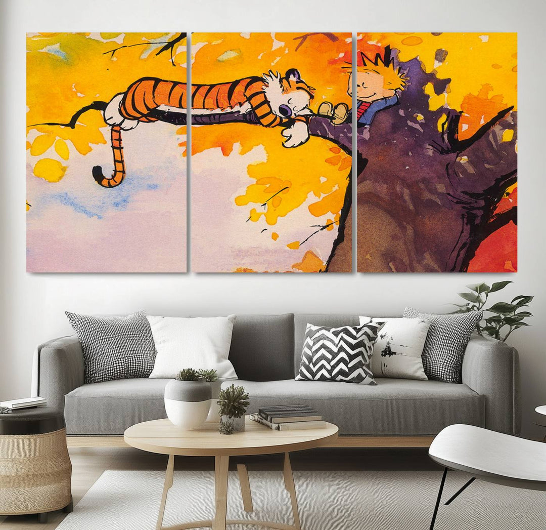 Premium canvas Calvin Wall Arts featuring a boy and tiger relaxing on a branch.