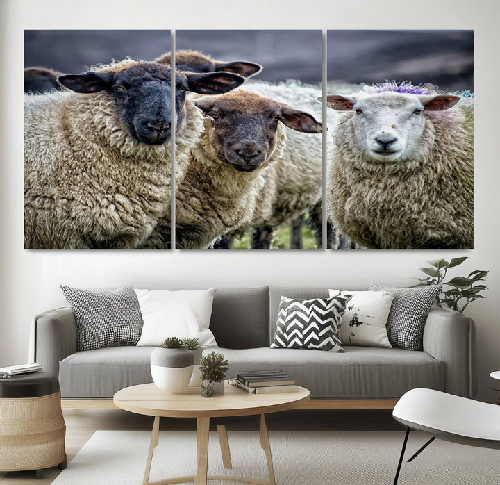 The Charming Sheep Portrait Wall Art hangs on a wooden wall.