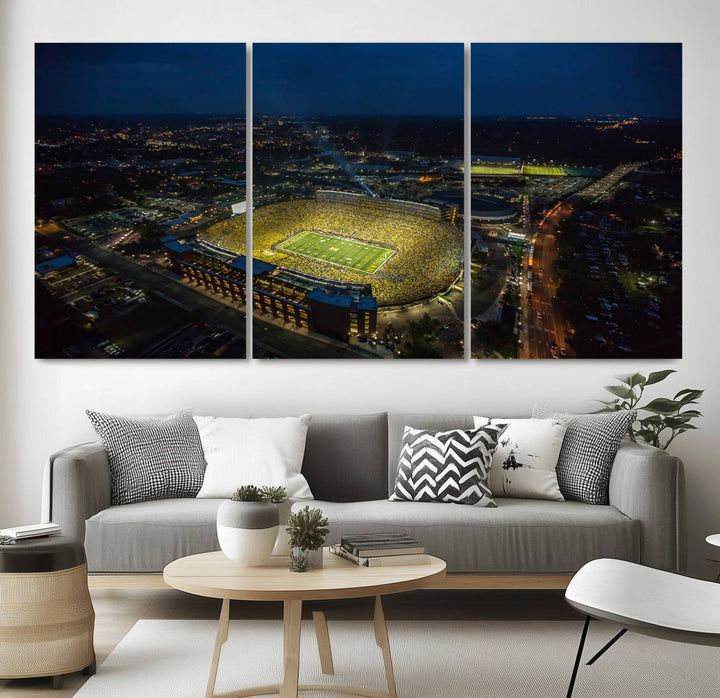 Aerial view of Michigan Stadium nightlife on canvas – Framed, ready-to-hang sports arena wall art.