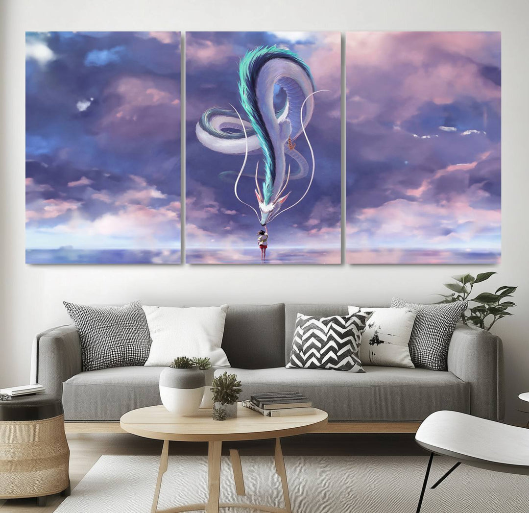 The Spirited Away Haku and Chihiro poster captures a cherished scene for anime lovers under a colorful, cloudy sky.